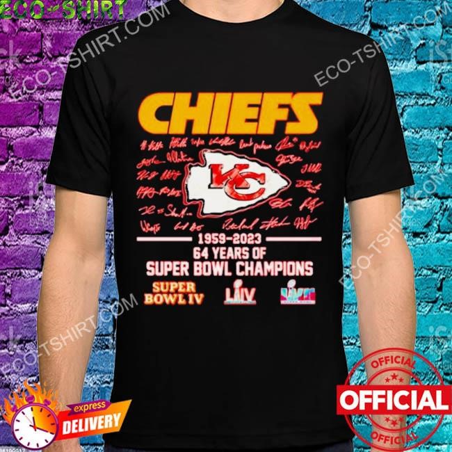 Kansas city Chiefs 1959 2023 64 years of super bowl champions super bowl iv signatures shirt